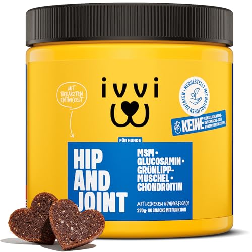 ivvi Hip & Joint - hochkonzentrierte Gelenktabletten für Hunde als Leckerli mit Grünlippmuschel Hund, Glucosamin, Chondroitin & MSM - 60 leckere Snacks (270g) mit Huhn