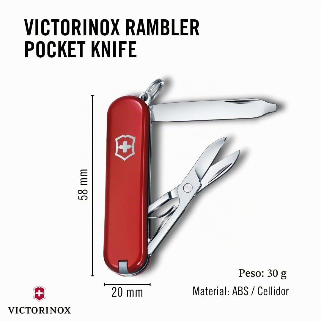 Victorinox Navaja suiza de bolsillo Rambler, pequeña, 10 funciones, Hecha en Suiza, multiherramienta con destornillador Phillips, tijeras, rojo