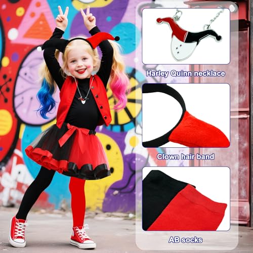 NebulaGlam Quinn Cosplay Costume Kids, Harley Quinn Girls Fancy Dress Halloween Villain Costume, with Headband Skirt Stockings Necklace Scar Stickers, for World Book Day Carnival Cosplay Girl Fancy Dr - Image 3