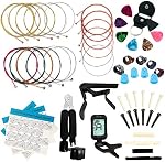 LOMEVE Kit d'accessoires pour guitare comprenant des cordes acoustiques, Tuner, Capo, 3-in-1 Outil de repos, Picks, Pocket Holder, Pins de pont, Noix & Selles, protecteur des doigts, diagramme de choc (58PCS)