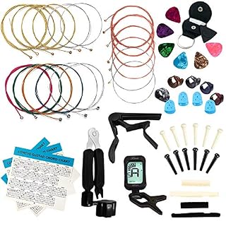 Guitar Accessories Kit Include Acoustic Strings, Tuner, Capo, 3-in-1 Restring Tool, Picks, Pick Holder, Bridge Pins, Nuts & Saddles, Finger Protector, Chord Chart (58PCS) - Les Beatles, Paul McCartney, John Lennon, RIngo Starr, George Harrison