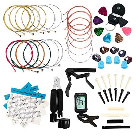 LOMEVE Guitar Accessories Kit Include Acoustic Strings, Tuner, Capo, 3-in-1 Restring Tool, Picks, Pick Holder, Bridge Pins, Nuts & Saddles, Finger Protector, Chord Chart (58PCS)