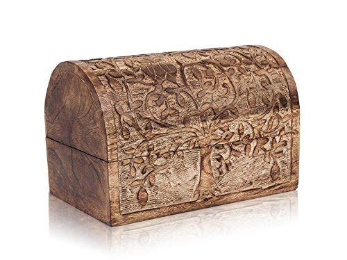Birthday Gift Ideas Handmade Decorative Wooden Jewelry Box With Tree Of Life Carvings Jewelry Organizer Keepsake Box Treasure Chest Trinket Holder Lock Box Watch Box Gifts For Her (Natural Finish)