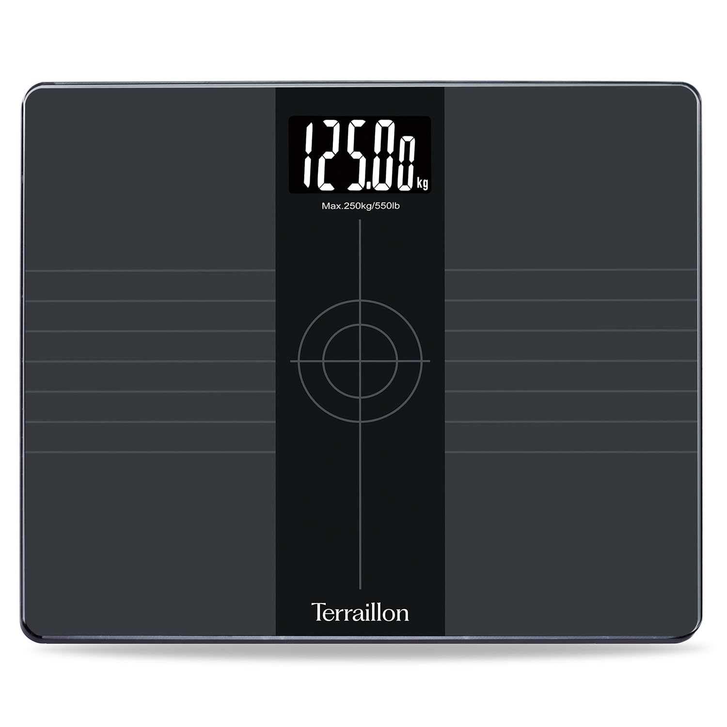 TERRAILLON - EVERY BODY- Pèse personne grande capacité, Balance avec plateau XXL 35x29cm, Capacité de 250 Kg, Grand écran LCD rétro éclairé, Précision 50g, Noir & Gris