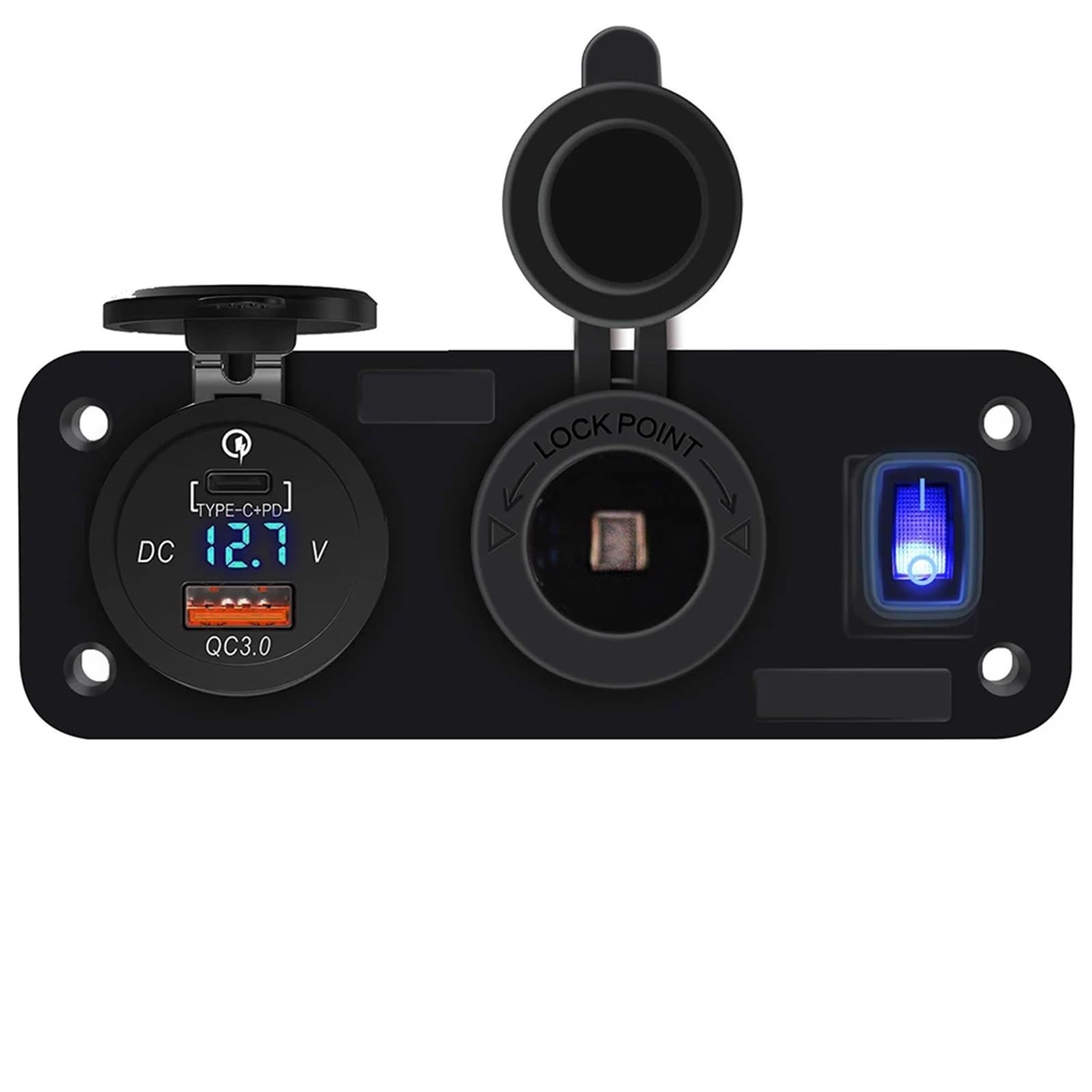 Podwójne gniazdo szybkiej ładowarki USB, wieloportowy panel, rozdzielacz zapalniczki samochodowej z przełącznikiem woltomierza do samochodu, motocykla, łodzi(Blue Light)