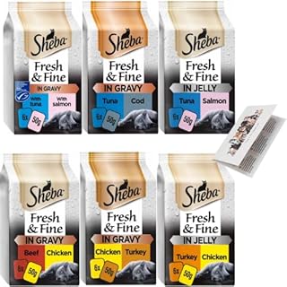 UbiPet Fresh and Fine Sheba Wet Cat Food Bundle Contains: Salmon, Tuna, Cod, Chicken, Beef, Turkey (in Jelly and Gravy) Total 36 Pouches x 50g (6packs x 300g) plus a Health Guide Info Card