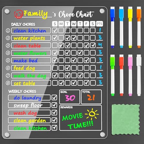 Image of PigPotParty Acrylic Magnetic Chore Chart for Kids on Fridge - 9.5 inchx12 inch Daily & Weekly Dry Erase Chore Board with 8 Fine Tip Markers and 1 Towel - Responsibility Chart with Reward Point System