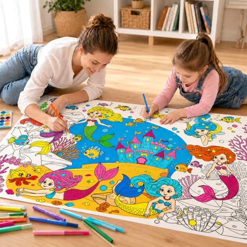 Image of Tevxj Mermaid Coloring Poster for Kids Giant Coloring Poster Summer Party Decoration Games Coloring Tablecloth Books Huge Large Pages Sheets Paper Roll for Craft Activity Classroom Supplies