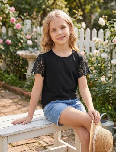 Image of Noomelfish Girls Lace Short Sleeve T-Shirts Kids Summer Cute Tops Blouse(5-12 Years)