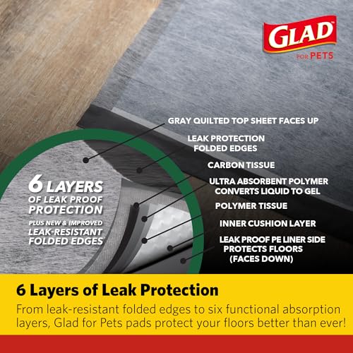 Image of Glad for Pets Extra Large Charcoal Training Pads for Dogs and Puppies, Activated Carbon Odor Control, 6-Layer Absorbent Leak-Proof Pee Pads with Pheromone Attractant, 28 x 30 in, 30 Count - 2 Pack