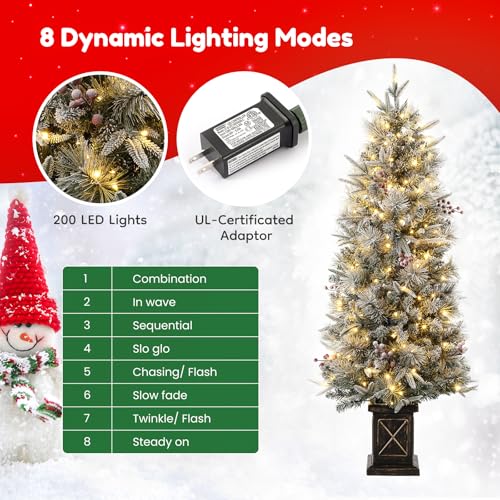GAOMON 4.5ft Christmas Tree 2 Set with 200 Warm White LED Lights, Pre-Lit Snow Flocked Christmas Tree with X Shape Potted Base, Artificial Xmas Tree with Red Berries, Decoration for Home, Entrances