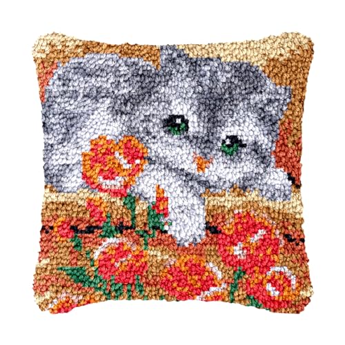 Image of bositigo Cat Latch Hook Pillow Kit for Adults & Kids, DIY Pre-Printed Canvas Craft, 17x17 Inch Decorative Cover for Sofa Cushions, Bedroom Decor (Cat Pattern 22)