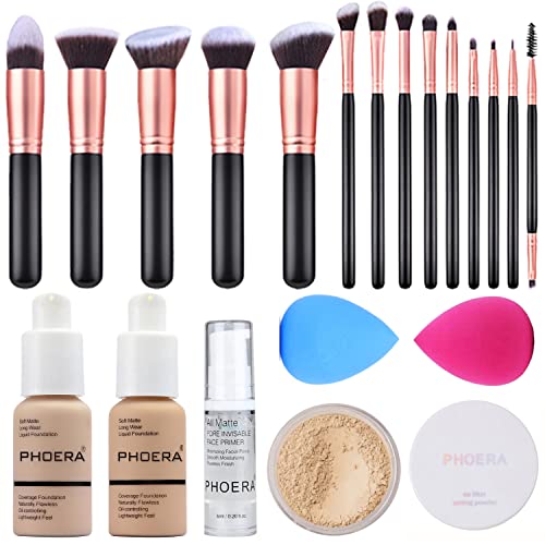 PHOERA Foundation, Full Coverage Foundation, PHOERA Primer, PHOERA Powder, 14 Pcs Makeup Brushes for Foundation Powder Concealers Eye Shadows Makeup ,2 Pcs Makeup Sponge(Nude #102 + Buff Beige #104)