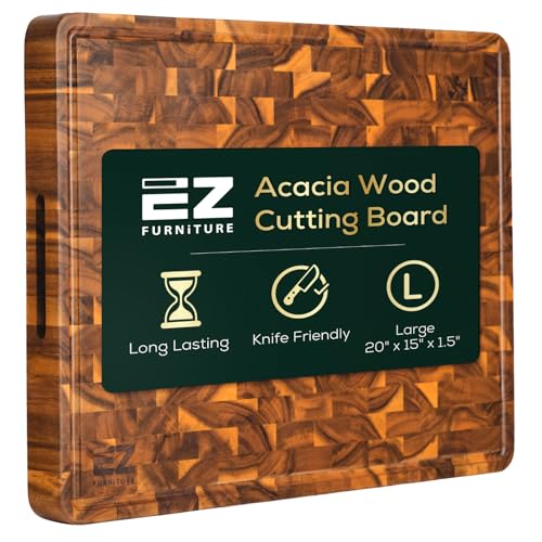 EZ FURNITURE 20 x 15 Inch Acacia Wood Cutting Board, End Grain with Juice Groove and Handles, Knife Friendly, Suitable for Chopping, Aesthetics for The Kitchen