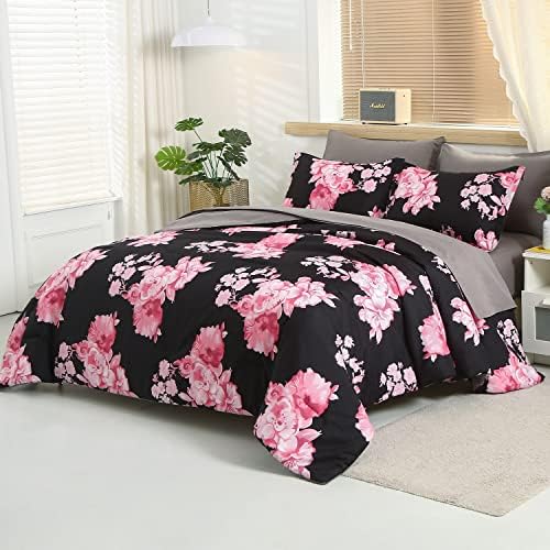 ALAOOKKA 7 Piece Bed in a Bag, Floral Bedding Set King Size Comforter Set for All Season,Pink Flower Print on Black-1 Comforter,2 Pillow Shams,1 Flat Sheet,1 Fitted Sheet,2 Pillowcases(Pink,King)