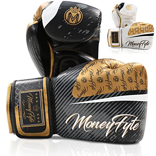 MoneyFyte Precision Striking Boxing Gloves for Men, Women, Adults, Teen, Youth – for Boxing, Kickboxing, Muay Thai, & MMA Training & Sparring - Punching Bag & Heavy Bag Gloves (Black Gold, 12 oz)