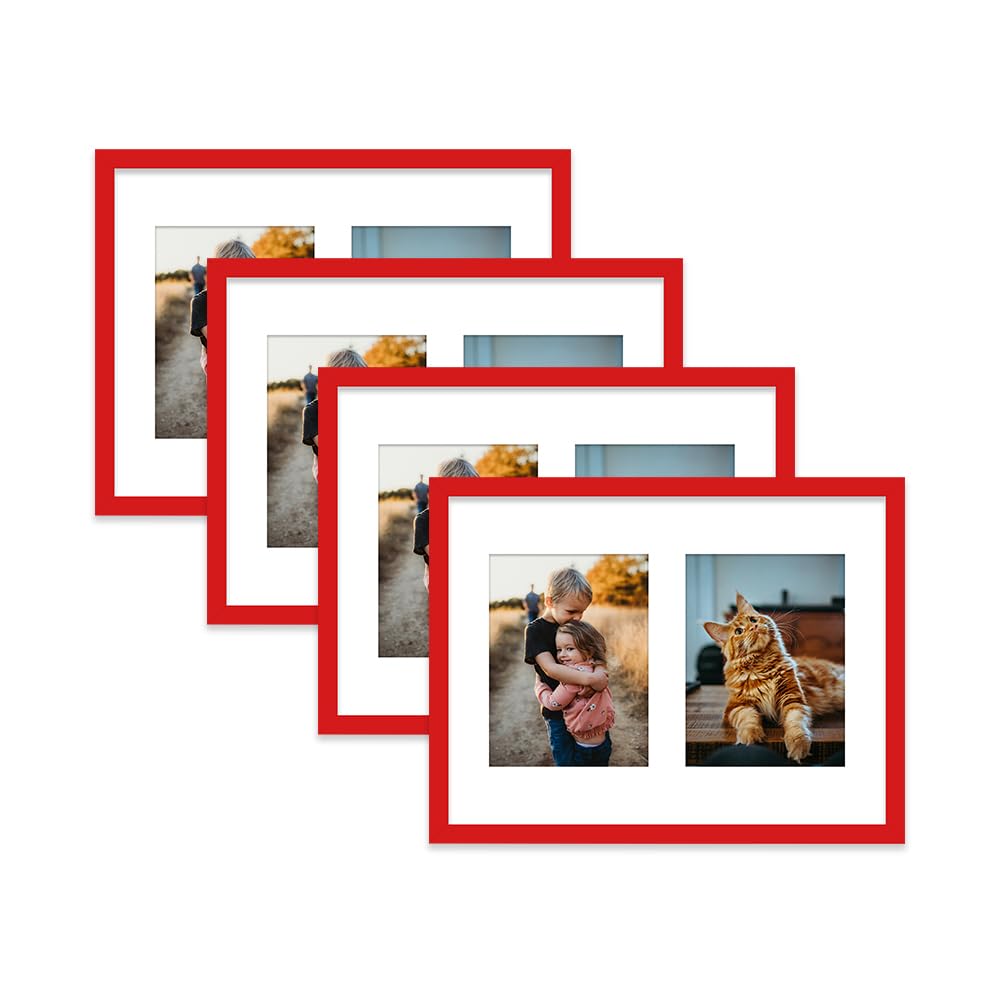 Red Multi Photo Frame - Holds 2 x 8x6 Pictures, Family Collage Picture Frame for Wall Display, 16x12 Frame size, Set of 4