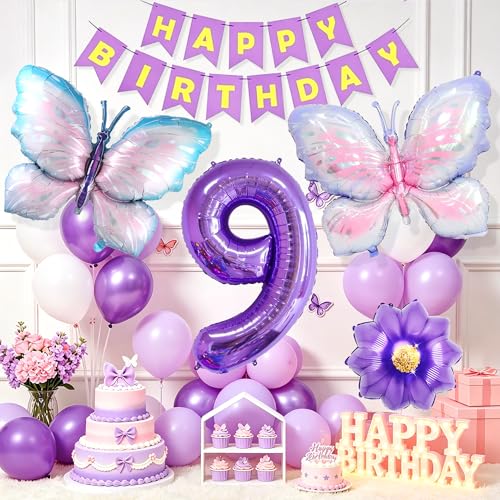 decoración cumpleaños niña 9 años globos mariposas color lila fiesta infantil adornos inflables figura numérica