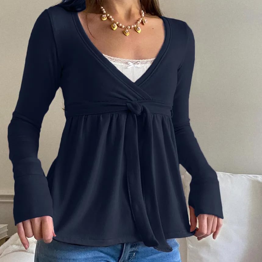 Y2k Long Sleeve Babydoll Top Women Fairy Grunge Shirt Lace Trim Vintage Downtown Girl T Shirts - Image 6