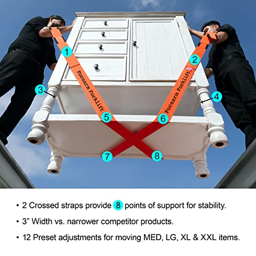 Forearm Forklift Extended Length 4-Loop, Lifting And Moving Straps For Furniture, Appliances, Mattresses Or Heavy Objects Up To 800 Pounds, 2-Person, Orange/Black, Model Ffbem #TOP2