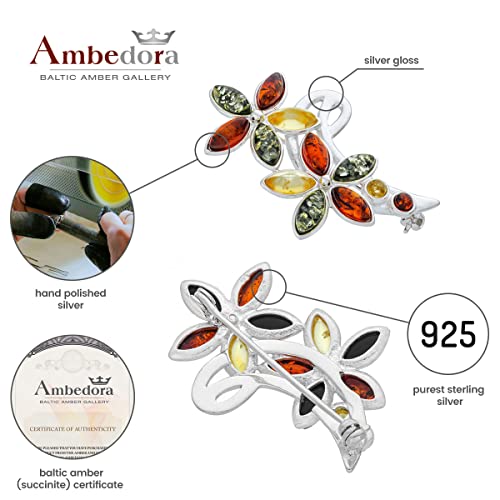 Image of Women's Brooch Colourful Flowers III with Amber, Polished Sterling Silver, Baltic Natural Amber in Three Colours, A Gift for Any Occasion