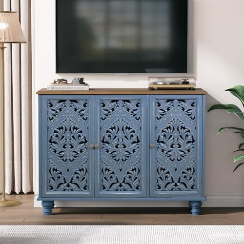 Image of Accent Cabinet with 3 Doors,Decorative Storage Cabinet with Adjustable Shelf,Carved Sideboard Buffet with Solid Wood Legs for Living Room, Entryway, Kitchen, Hallway,Blue & Walnut