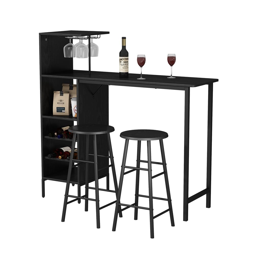 Vicco Juego de Mesa de Bar Naila, Negro, 121.5 x 40 cm con 2 taburetes, Apto como Comedor con Superficies de Almacenamiento para Guardar Objetos