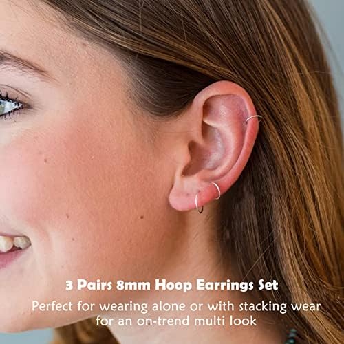 LYTOPTOP 3 Pairs Silver Hoops Earrings for Women S925 Sterling Silver Small Hypoallergenic Earrings Set Cartilage Nose Lip Rings for Men Girls, 8/10/12/14mm