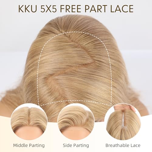 Image of KKU 5x5 Lace Front Human Hair Wig,Real Hair Wigs for Women,Glueless,Non-Slip Silicone Pads and Skin-Friendly Cap(16 Inch, Blonde)