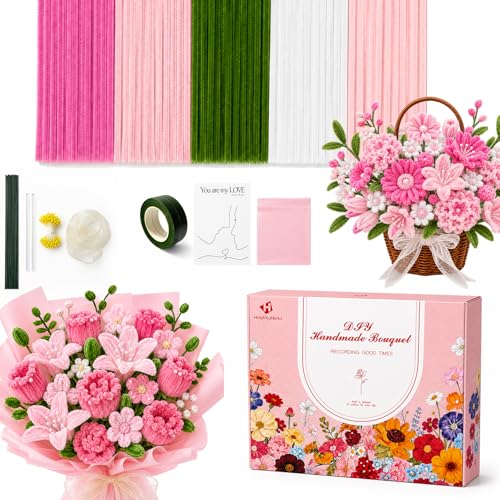 HHSarioneiro 550 Pcs Pipe Cleaner Flower Kit Pink Complete DIY Flower Bouquet Making Kit 5 Beautiful Colors 15 Flower Designs with Step-by-Step Video Tutorials for Teen Girls and Craft Lovers