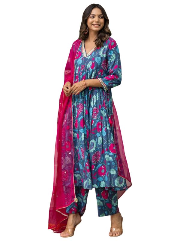 Pinkmint Women Cotton Blend Floral Printed Kurta With Pant & Dupatta