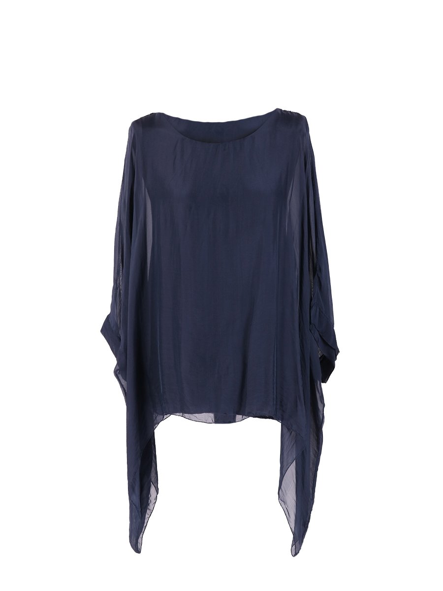Lushstyleuk Women's Navy Italian Plain Batwing Silk Tunic Top Lagenlook Top Plus Size