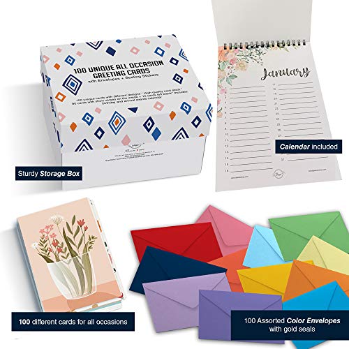 Dessie 100 Large All Occasion Greeting Cards Assortment w/Greetings Inside. Birthdays, Sympathy, Thinking Of You etc. Card Organizer Box With Dividers, Colored Envelopes, Gold Seals, Events Calendar.