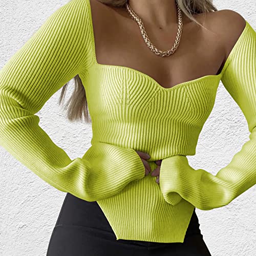 Image of Women's Square Neck Ribbed Knitted Sweater Long Sleeve Crop Slim Fitted Basic Pullover Tops