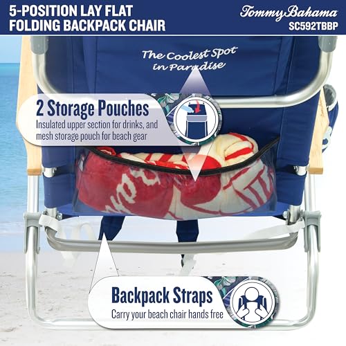 Tommy Bahama 2-Pack 5-Position Classic Lay Flat Backpack Beach Chair with Cooler and Cup Holder, Portable Folding Beach Chair for Tanning, Red/White/Blue - Image 6