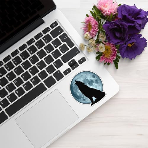 Image of Wolf Howling at Moon Vinyl Waterproof Sticker Decal for Laptop Water Bottle Car Bumper Night Sky Animal Art Sticker 5 Inch