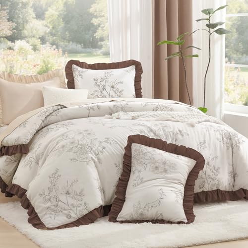 Image of Litanika Beige Brown Twin Comforter Sets, 2 Pieces Coffee Ruffle Floral Farmhouse Bedding Comforter Sets, All Season Soft Lightweight Fluffy Microfiber Bed Set(66x90In Comforter, 1 Pillowcase)