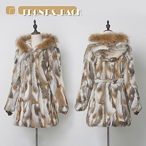 Women's Genuine Rabbit Fur Coat With Raccoon Fur Trim Hood Winter Fur Jacket #TOP3