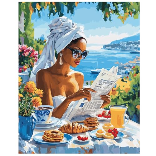 ARNLRDYA African American Woman Paint by Number Kits for Adults, Elegant Lady Enjoy Breakfast Oil Painting Canvas with Brushes and Acrylic Pigment, Fun Arts Work for Room Decor(16x20 inches, Unframe)