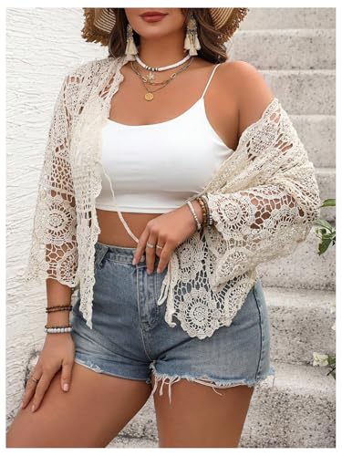 SHENHE Women's Plus Size Hollow Out Cardigan Lightweight Sheer Tie Front Boho Kimono2
