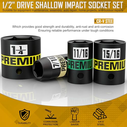 Image of 14-Piece 1 /2 inch Drive Shallow Impact Socket Set, 3 /8 inch to 1-1 /4 inch, Semi-Deep Sockets, Cr-V, Socket Set for Automotive and Home, SAE, 6 Point