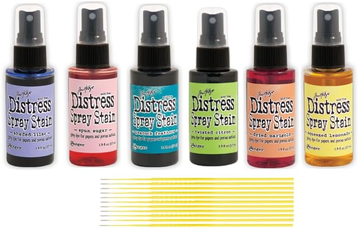 Ranger Tim Holtz Distress Spray Bundle - Twisted Citron, Spun Sugar, Squeezed Lemonade, Dried Marigold, Peacock Feathers, Shaded Lilac - with Trebbies Detail Sticks
