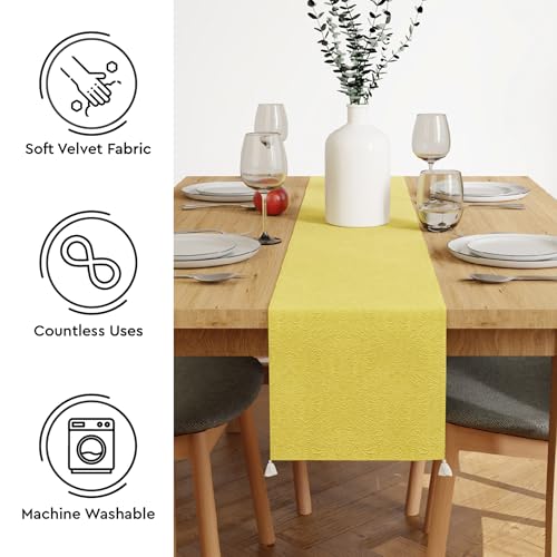 Image of Encasa XO 8 Seater Dining Embossed Velvet Table Runner | Size 32x240 cm | Pale Lime Color with Premium Polyester - Machine Washable
