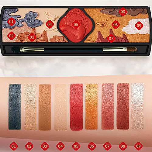 Eye Makeup Palette, Palaces Relief Eyeshadow Palette, Chinese Style Matte Eyeshadow Pigmented Shades Set Shimmer Foils Eye Makeup Long Lasting Palette of Shades 9 Colors Exquisite Deer Bird Mountain CloudsTextures Sweatproof