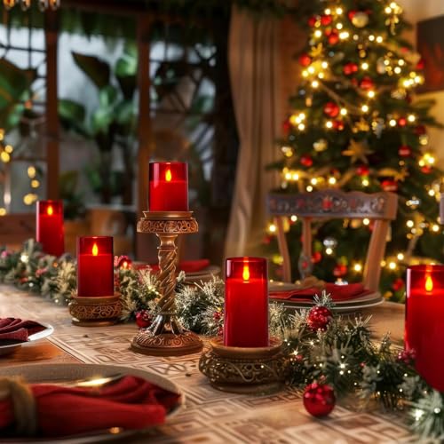 Image of Homemory Christmas Red Flickering Flameless Candles, Battery Operated Acrylic LED Pillar Candles with Remote Control and Timer, Set of 9