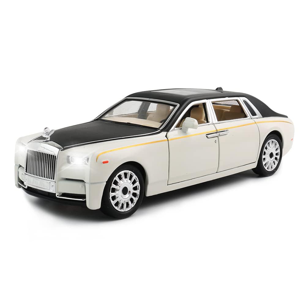 EROCK 1/24 Diecast Car Model Rolls-Royce Phantom Toy Car, Alloy Collectible Replica Pull Back Vehicles with Sound and Light for Kids Boys Girls Birthday Gift Phantom White