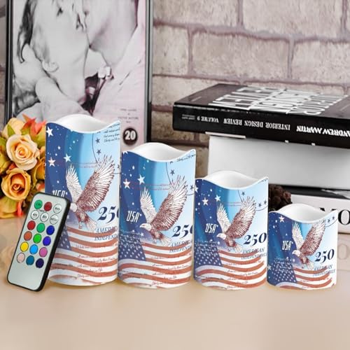 Image of American Flag Electric Candles Bald Eagle Independence Day Flameless LED Candles Battery Operated with Remote 250th Anniversary Flickering Candle for American Holiday, 4 Pack