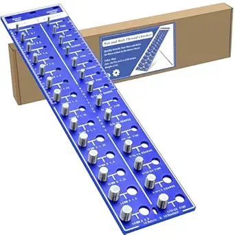 Nut and Bolt Thread Checker, 14 Metric & 14 Standard Sizes, Bolt Nut Identifier Gauge with Inch and Centimeter Ruler, Solid Aluminum Bolt Size and Thread Gauge, Hang or Flat, Blue