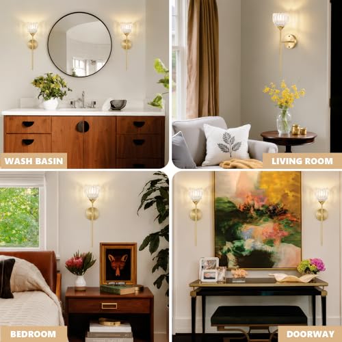 Image of Vintage Battery Operated Wall Sconce Set of 2, Clear Tulip Glass Lampshade Wireless 5300 mAh Rechargeable Battery Powered LED Wall Light with Remote Dimmable for Bedroom Bathroom Living Room