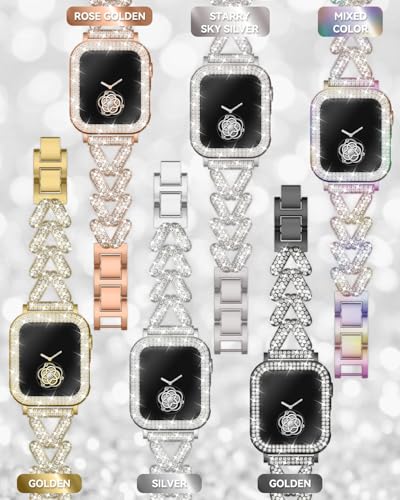 Image of Rhinestones Encrusted Metal Bracelet and Case, Compatible with Apple Watch Bands 38mm-49mm (Series 11 /10 /1 /SE /Ultra 2)- Bling Gold Women's Jewelry Strap, Luxury iWatch Bracelet